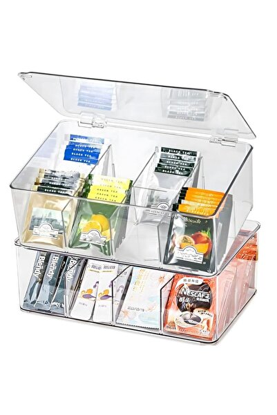 Generic HIKKY 2Pcs Tea Bag Organizer Clear Bag Holder With Lid, 8 Sections Stackable Tea Storage Packets Di