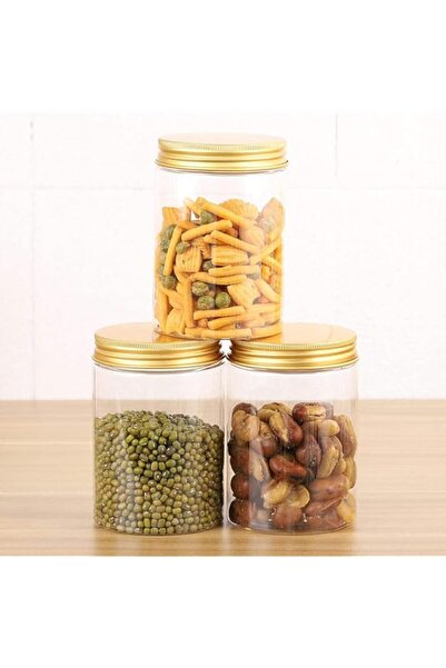 Generic طقم برطمان توابل دائري بلاستيكي بغطاء ذهبي من الصقر، 3 قطع، سعة 680 مل