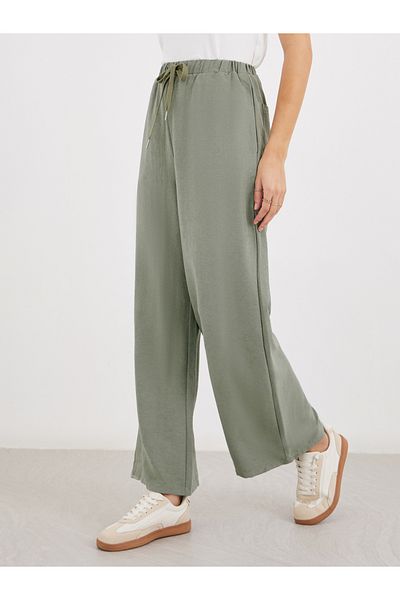 Styli Women Khaki Solid Drawstring Waist Wide Leg Pants