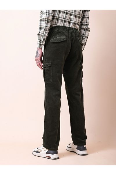 British Club By Styli Men Olive Straight Fit Corduroy Cargo Trousers