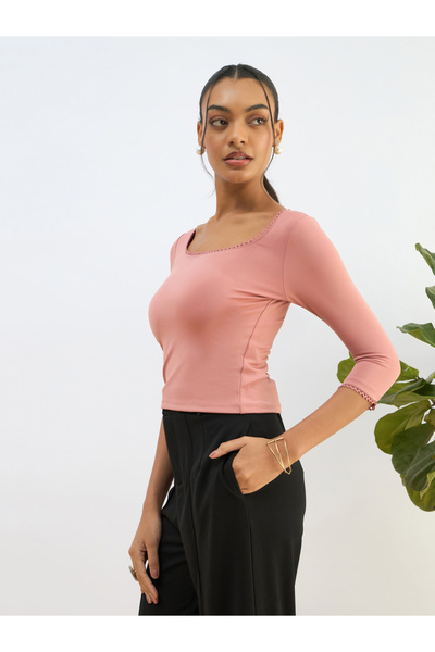 Sassafras By Styli Pink Knitted Lace Detail Crop Top