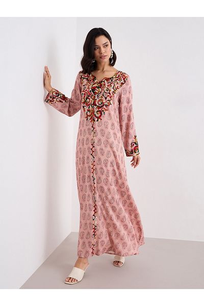 Styli Women Pink Rayon Printed Jalabiya with Embroidery Detail