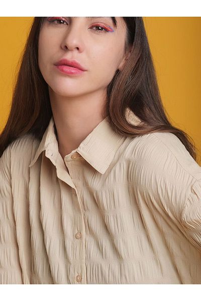 Freehand By Styli Women Beige Seersucker Oversized Shirt