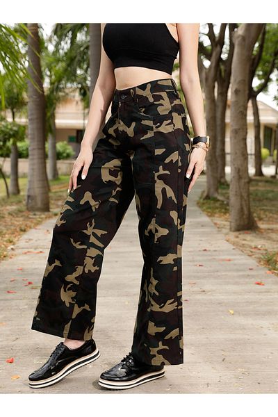 STREET 9 By Styli Women Olive Relaxed Fit Trousers with Camouflage Print