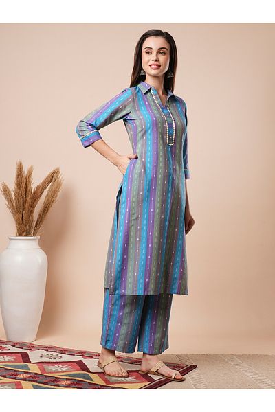 Globus By Styli Striped Shirt Collar Straight Kurta with Elasticated Pants Co-Ords