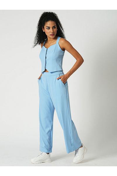 Globus By Styli Women Blue Cross Strap Back Crop Top and Trousers Co-Ords