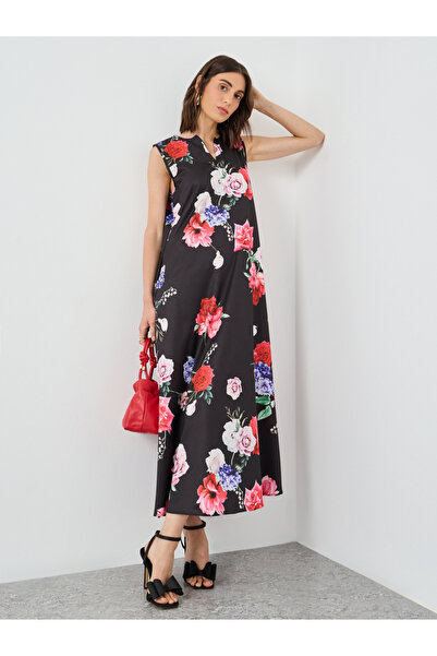 Styli Women Black Floral Print Sleeveless A-Line Maxi Dress