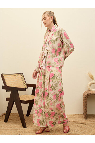 Sassafras By Styli Beige Ruffled Floral Top and Wide Leg Pants Co-Ords