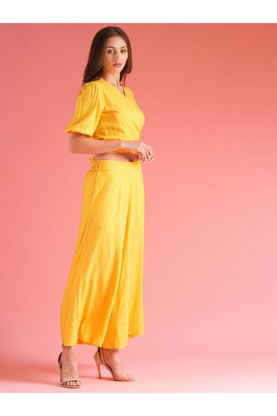 Globus By Styli Women Yellow Polka Dot Print Wrap Tie Back Top and Palazzos Co-Ords