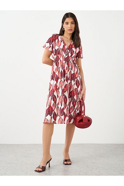 Styli All-Over Print V-Neck Smocking Detail Midi Dress