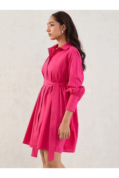Styli Pink Solid Poplin Pleated Shirt Mini Dress with Belted Detail