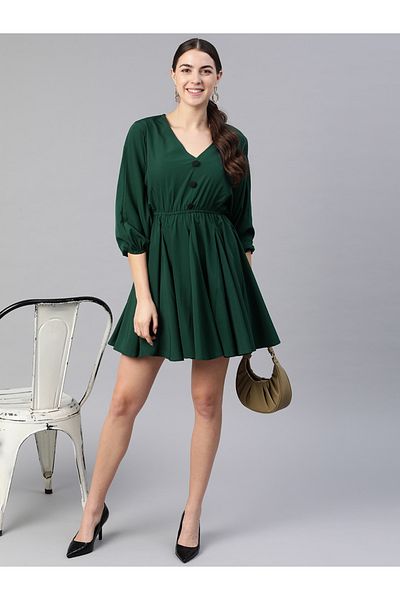 Kassually By Styli Women Green Solid V Neck Fit and Flare Mini Dress