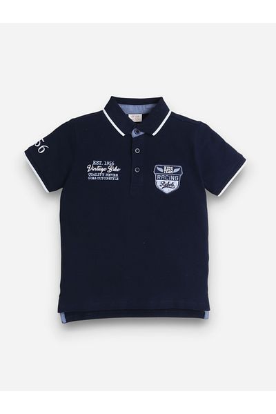 Victor and Jane By Styli Boys Navy Blue Embroidered Detail Short Sleeve Polo T-Shirt