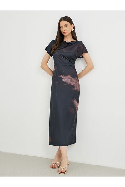 Styli Printed Boat Neck Short Sleeve Midi Dress