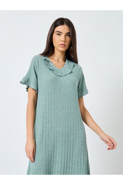 Styli Ruffled V Neck Solid Nightdress