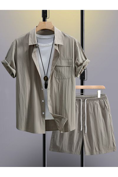 Styli Men Beige Solid Pocket Detail Shirt and Shorts Co-Ords