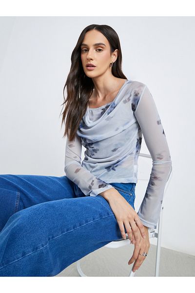 Styli Floral Print Cowl Neck Top