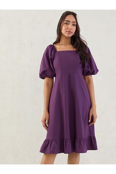 Styli Purple Poplin Square Neck A-Line Midi Dress with Smocked Back