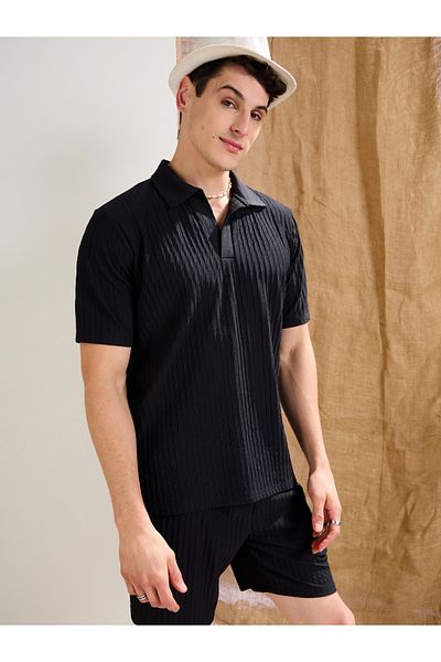 Mascln Sassafras By Styli Men Black Textured Relaxed Fit Polo T-Shirt and Shorts Co-Ords