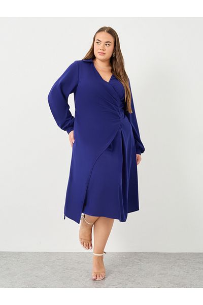 Styli Plus Wrap Midi Dress with Balloon Sleeve