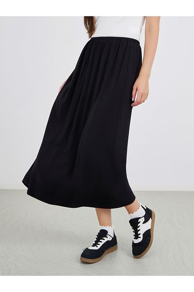 Styli Solid Viscose Elasticated Waistband Midi Skirt