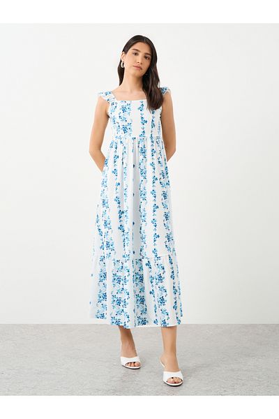 Styli Floral Print Square Neck Smocking Detail Midi Dress