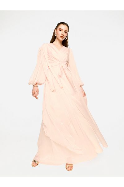 House of Moda By Styli Pleated Balloon Sleeve Waist Tie-Up A-Line Maxi Dress