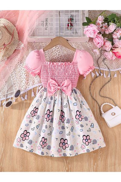 Styli Puff Sleeve Smocking Bow Dress with Flower Print