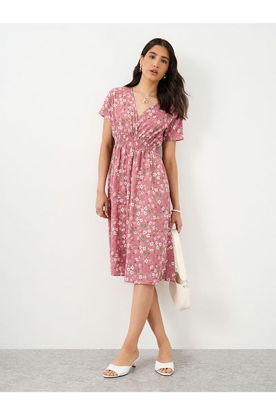 Styli Floral Print V Neck Short Sleeve Midi Dress