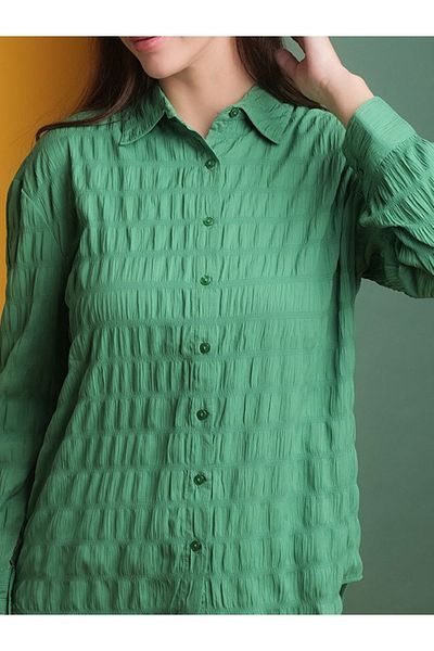 Freehand By Styli Women Green Seersucker Oversized Shirt