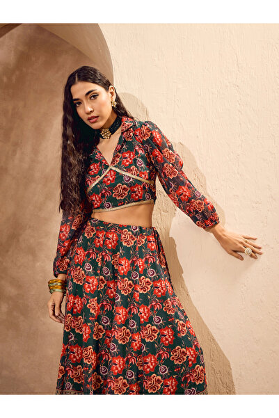 Sassafras By Styli Floral Print Collared Crop Top with Anarkali Skirt Co-Ords