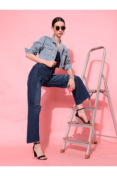 STREET 9 By Styli Women Dark Blue Distressed Flared Jeans