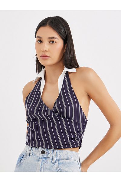 Styli Navy Blue Striped Halter Top with Collar