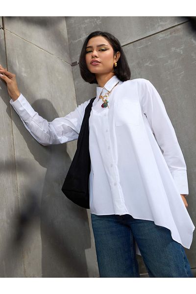 Sassafras By Styli White Poplin Asymmetric Hem Buttoned Shirt