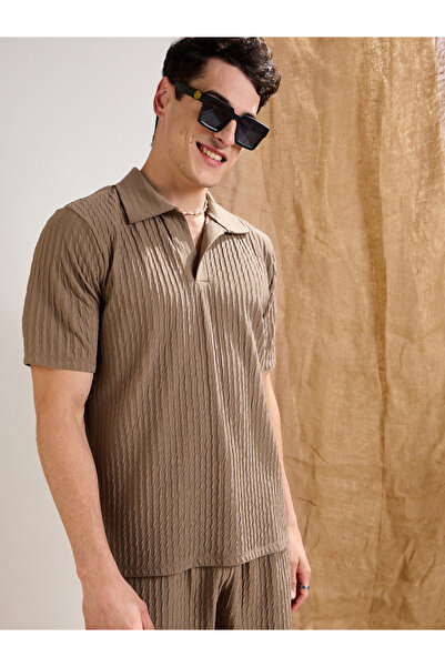 Mascln Sassafras By Styli Beige Textured Relaxed Fit Polo Neck T-Shirt