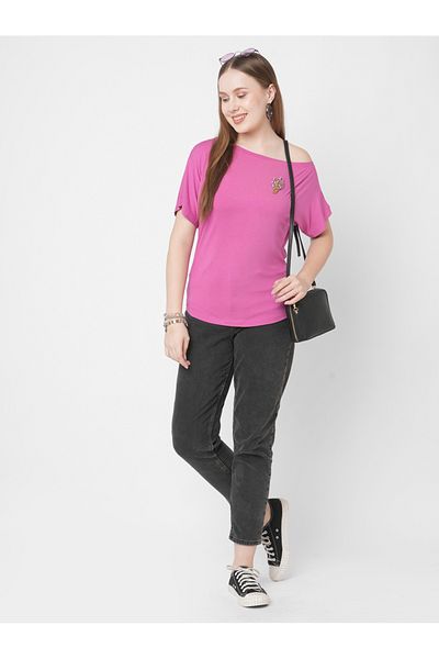 Mish By Styli Women Pink Embellished Detail One Side Off-Shoulder T-Shirt