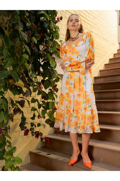 Sassafras By Styli Floral Print Ruffled Tiered Midi Dress