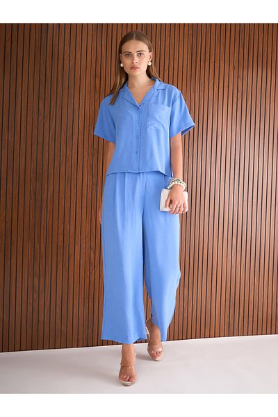 Sassafras By Styli Blue Notch Lapel Collar Shirt and Straight Pants Co-Ords
