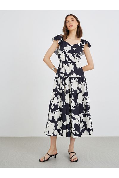 Styli Floral Print Ruffle Sleeves A-Line Midi Dress