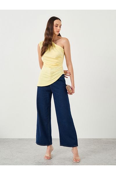 Styli Yellow Asymmetrical Neck Gathered Top