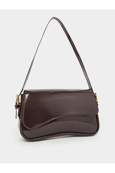 Styli Brown Patent Baguette Bag with Asymmetric Flap