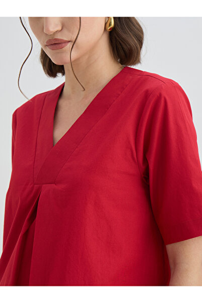 Styli Red Solid Poplin Shift Knee Length Dress