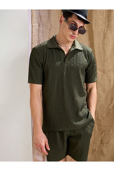 Mascln Sassafras By Styli Men Olive Textured Relaxed Fit Polo T-Shirt and Shorts Co-Ords