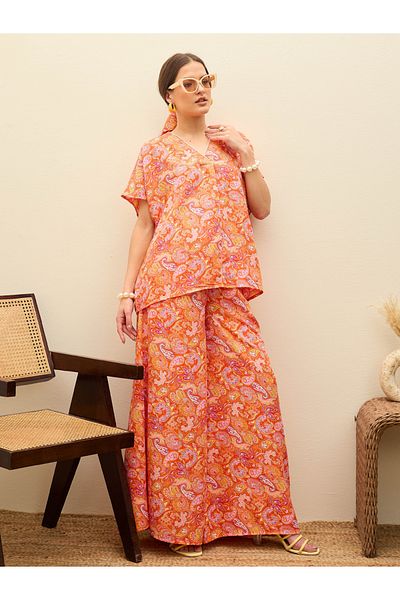 Sassafras By Styli Paisley Print V Neck Top and Flared Pants Co-Ords