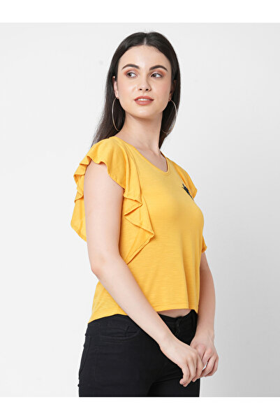 Mish By Styli Women Yellow Embellished Bird Detail Ruffled Sleeves T-Shirt