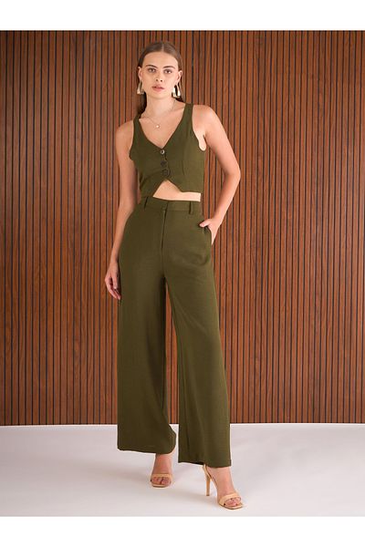 Sassafras By Styli Olive Crop Waistcoat and Straight Pants Co-Ords