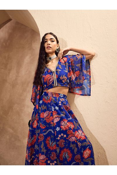 Sassafras By Styli Blue Floral Print V-Neck Crop Top with Anarkali Skirt Co-Ords