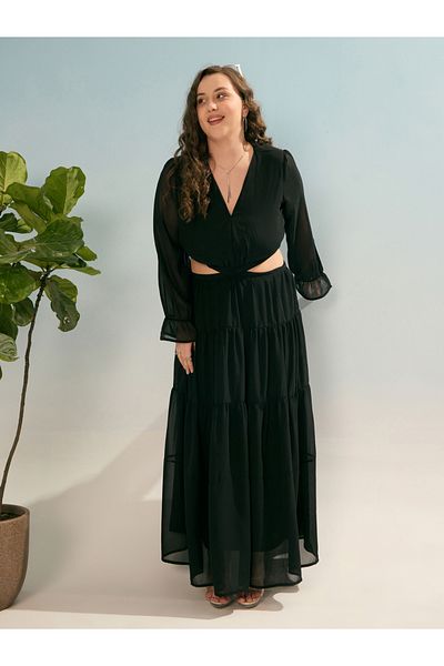 Sassafras By Styli Plus Black Solid Waist Cut-Out Maxi Dress