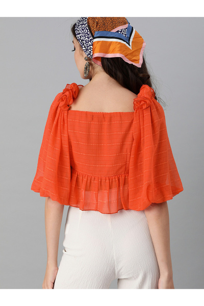 Kassually By Styli Women Orange Seersucker Ruffled Crop Top with Knot Detail