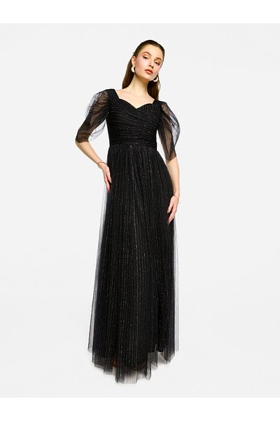 House of Moda By Styli Puff Sleeves Pleated Tulle Maxi Dress